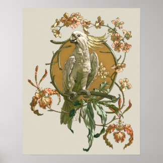 Vintage Art Nouveau, Cockatoo Bird, Orchid Flowers Poster
