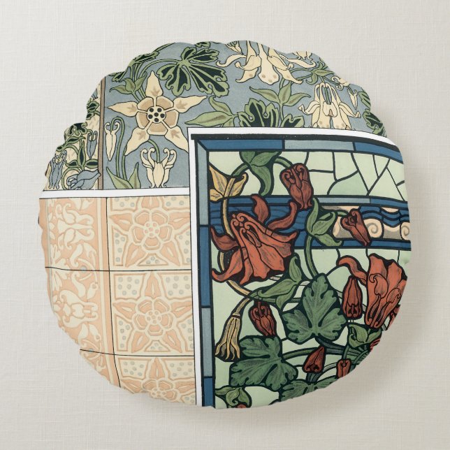 Vintage Art Nouveau, Columbine Aquilegia Flowers Round Cushion (Front)