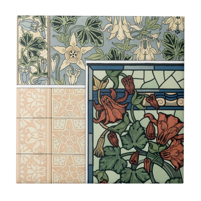 Vintage Art Nouveau, Columbine Aquilegia Flowers Tile (Front)