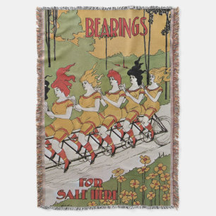 Vintage Art Nouveau Cover, Bearings Tandem Bicycle Throw Blanket