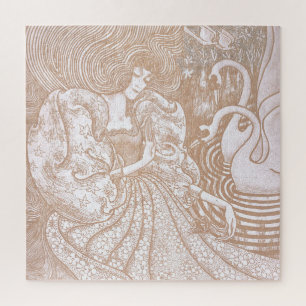 Vintage Art Nouveau Cream Floral Woman & Swans Jigsaw Puzzle