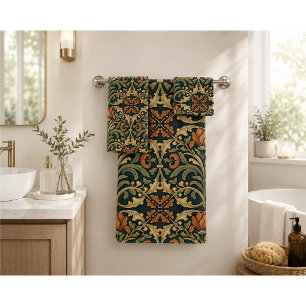 Vintage Art Nouveau Deco Majolica Floral Craftsman Bath Towel Set
