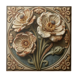 Vintage Art Nouveau Deco Majolica Floral Craftsman Tile