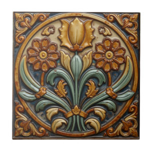Vintage Art Nouveau Deco Majolica Floral Craftsman Tile