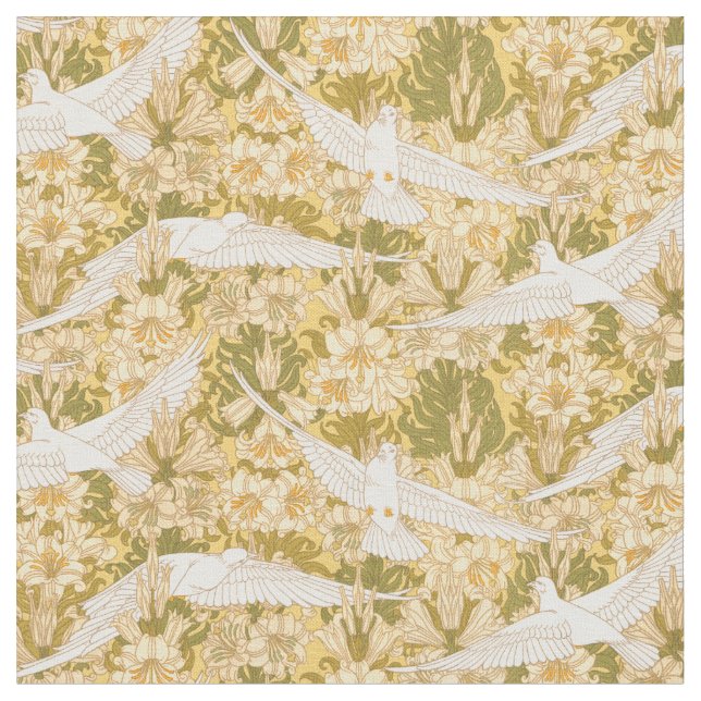 Vintage Art Nouveau Doves and Lilies Pattern Fabric (Close Up)
