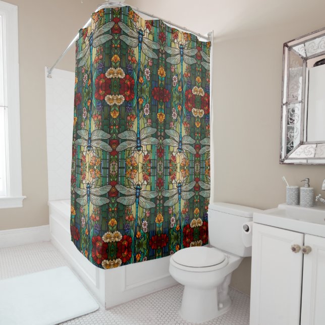 Vintage art nouveau dragonfly boho chic shower curtain (In Situ)