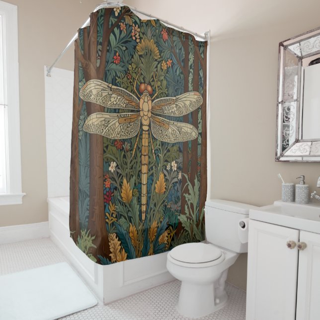 Vintage art nouveau dragonfly boho chic shower curtain (In Situ)