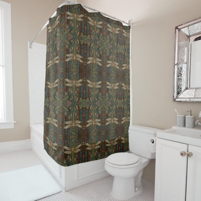 Vintage art nouveau dragonfly boho chic shower curtain (In Situ)