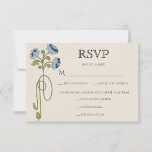 Vintage Art Nouveau Dusty Blue Navy Flowers Meals RSVP Card