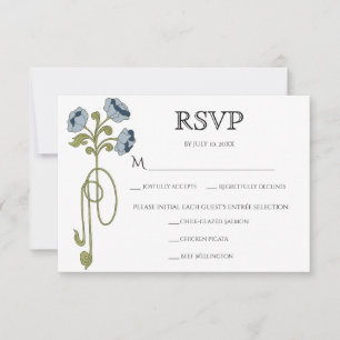 Vintage Art Nouveau Dusty Blue Navy Flowers Meals RSVP Card