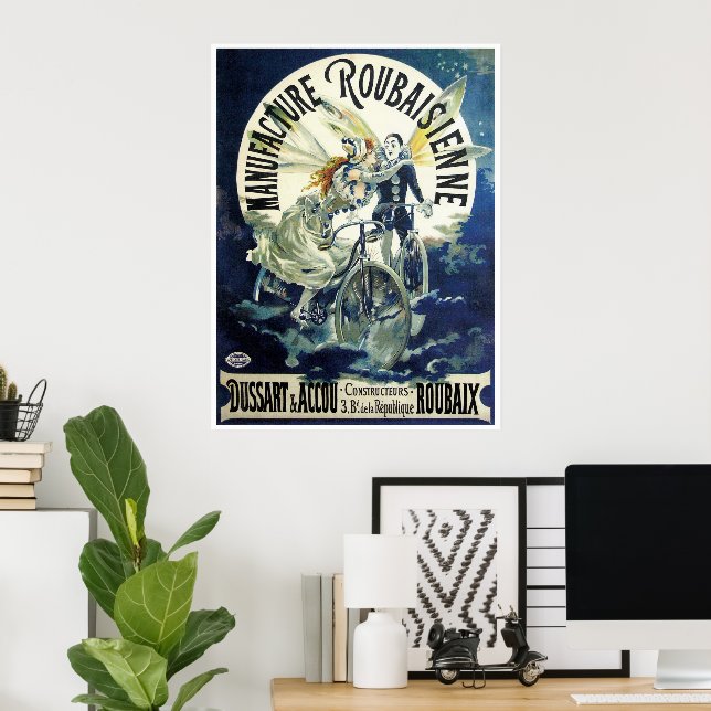 Vintage Art Nouveau Fairies, Bicycle Pierrot Moon Poster (Home Office)