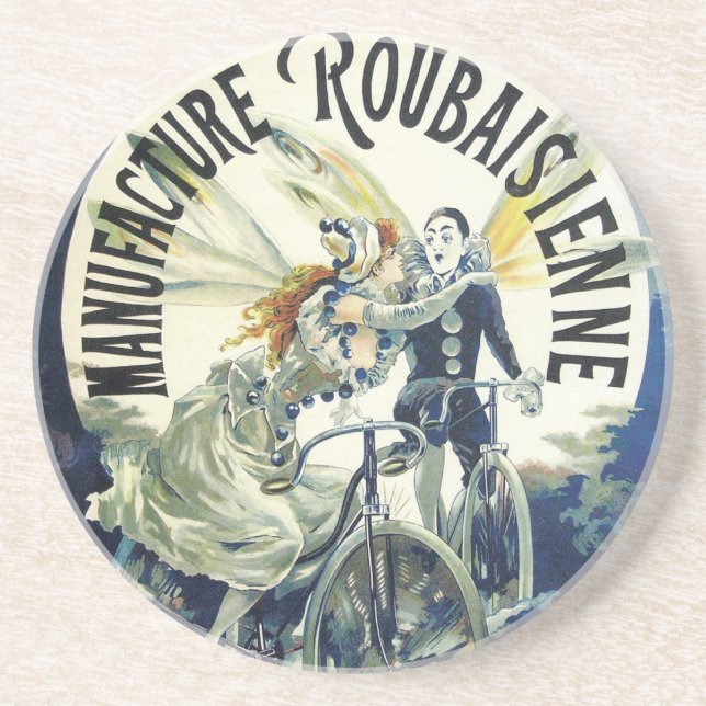 Vintage Art Nouveau Fairies, Pierrot Bicycle Moon Coaster (Front)