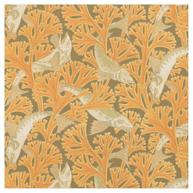 Vintage Art Nouveau Fish in Seaweed Pattern Fabric (Close Up)