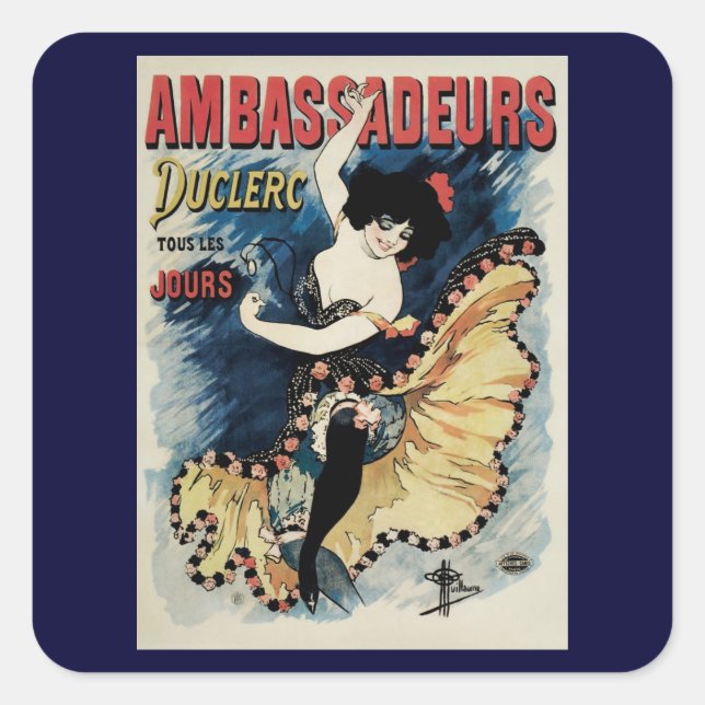 Vintage Art Nouveau Flamenco Dancer, Ambassadeurs Square Sticker (Front)