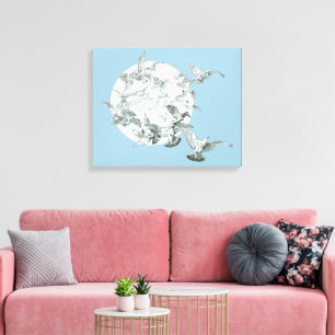 Vintage Art Nouveau Flock of Birds with Full Moon Canvas Print