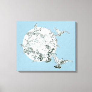 Vintage Art Nouveau Flock of Birds with Full Moon Canvas Print