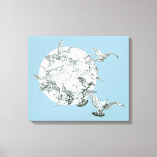 Vintage Art Nouveau Flock of Birds with Full Moon Canvas Print