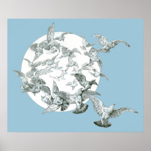 Vintage Art Nouveau Flock of Birds with Full Moon Poster