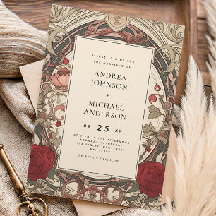 Vintage Art Nouveau Floral Burgundy Wedding Invitation