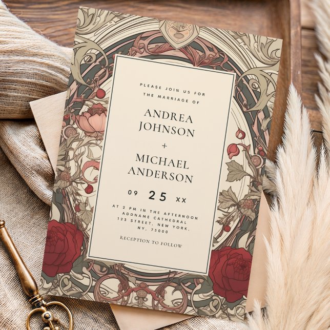 Vintage Art Nouveau Floral Burgundy Wedding Invitation (Creator Uploaded)