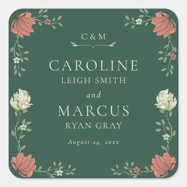 Vintage Art Nouveau Floral Wedding Square Sticker (Front)