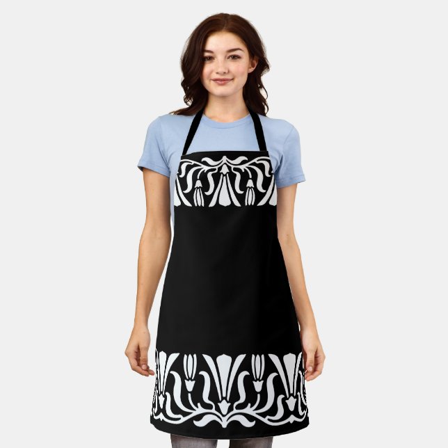 Vintage Art Nouveau Flowers White on Black Apron (Worn)