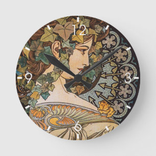 Vintage Art Nouveau Girl by Alphonse Mucha Round Clock