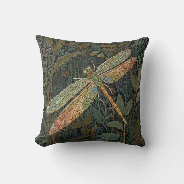 Vintage art nouveau green gold Dragonfly Cushion (Front)