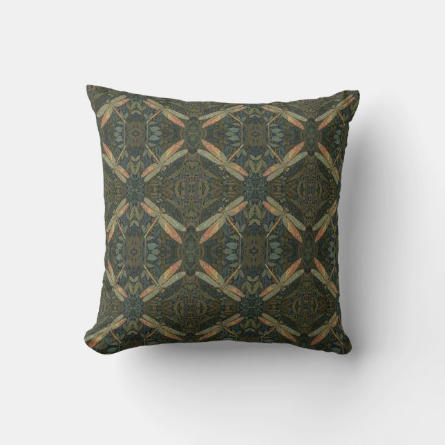 Vintage art nouveau green gold Dragonfly Cushion (Front)