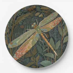 Vintage art nouveau green gold Dragonfly Paper Plate