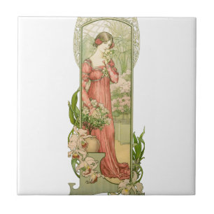 Vintage Art Nouveau Greenhouse Lady Elegant Tile