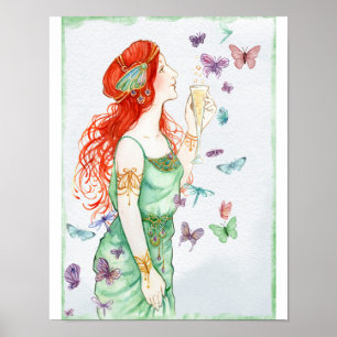 Vintage Art Nouveau Lady Champagne And Butterflies Poster
