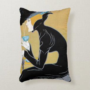 Vintage Art Nouveau, Lady Drinking Marco Polo Tea Decorative Cushion