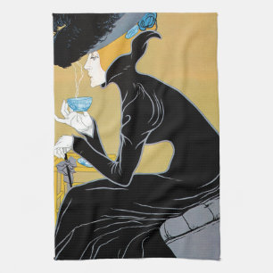 Vintage Art Nouveau, Lady Drinking Marco Polo Tea Tea Towel