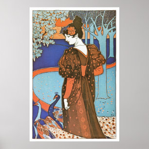 Vintage Art Nouveau Lady with Peacocks Poster