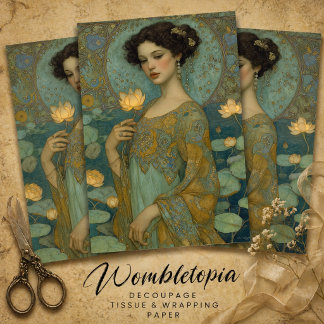 Vintage Art Nouveau Lady with Waterlily Decoupage Tissue Paper