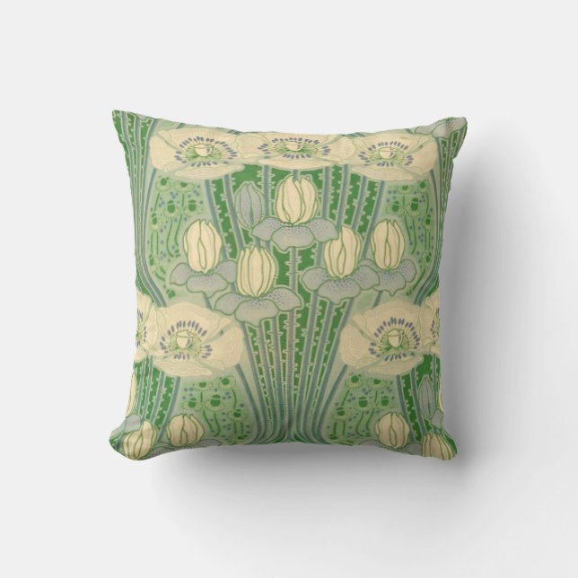 Vintage Art Nouveau Lotus and Poppies Pattern Cushion (Front)