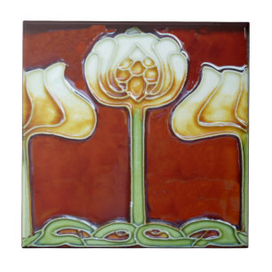 Vintage Art Nouveau Lotus Flowers on Red Frieze Tile