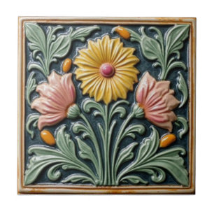 Vintage Art Nouveau Majolica Floral Craftsman Tile