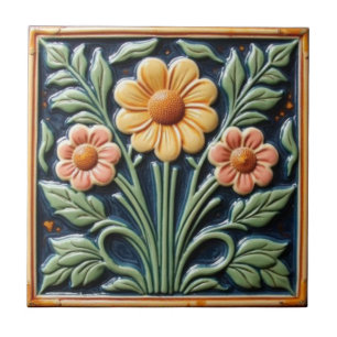 Vintage Art Nouveau Majolica Floral Craftsman Tile