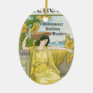 Vintage Art Nouveau Midsummer Woman Sunflowers Ceramic Tree Decoration