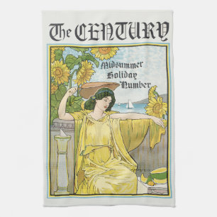 Vintage Art Nouveau Midsummer Woman Sunflowers Tea Towel