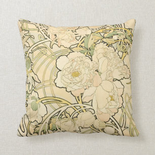 Vintage Art Nouveau Mucha Floral Peonies Pattern Cushion