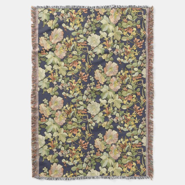 Vintage Art Nouveau Mucha Honeysuckle Pattern Throw Blanket (Front Vertical)