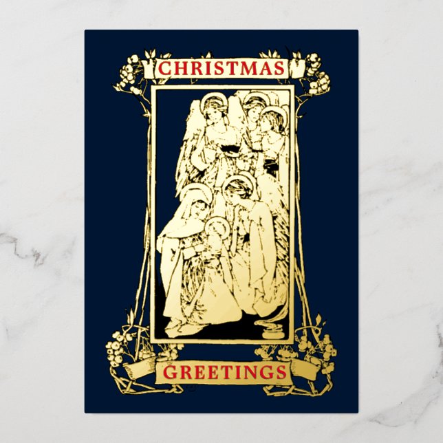 Vintage Art Nouveau Nativity Christmas Foil Holiday Card (Front)