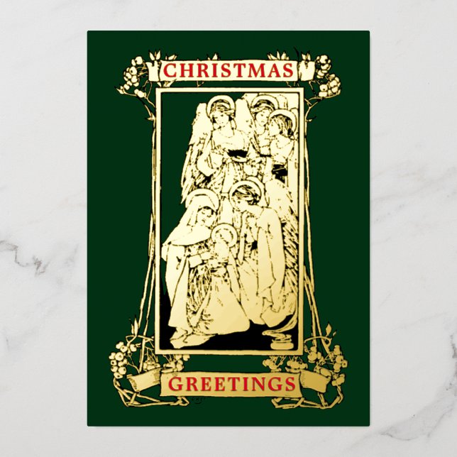 Vintage Art Nouveau Nativity Christmas Foil Holiday Card (Front)