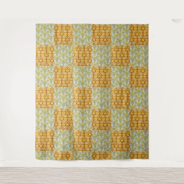 Vintage Art Nouveau Nature Grid Pattern Art Tapestry (Front)