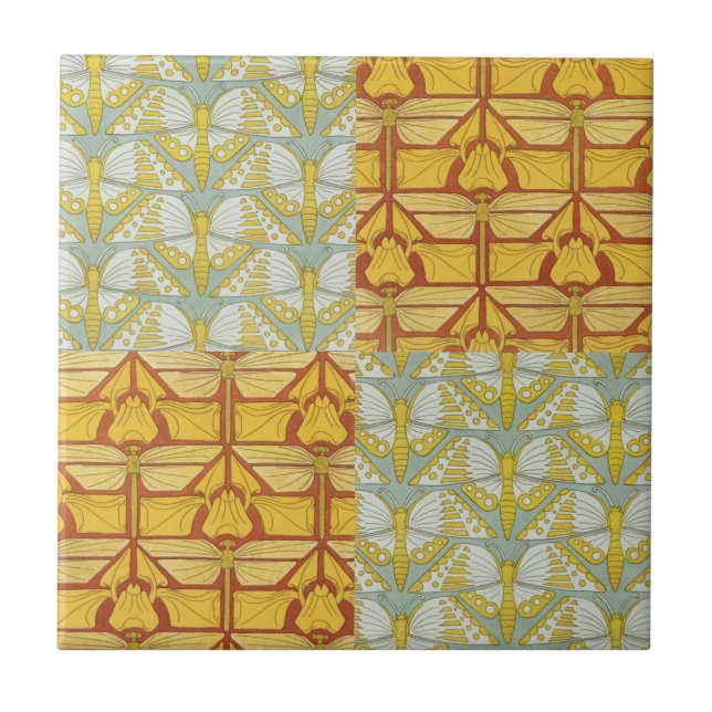 Vintage Art Nouveau Nature Grid Pattern Art Tile (Front)