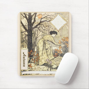 Vintage Art Nouveau November Autumn Garden Woman Mouse Mat