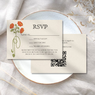 Vintage Art Nouveau Orange Green Flowers QR Code  RSVP Card